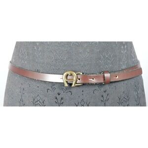 Vintage Etienne Aigner Skinny Leather Belt Size 32"-36" Brass Logo Buckle *READ